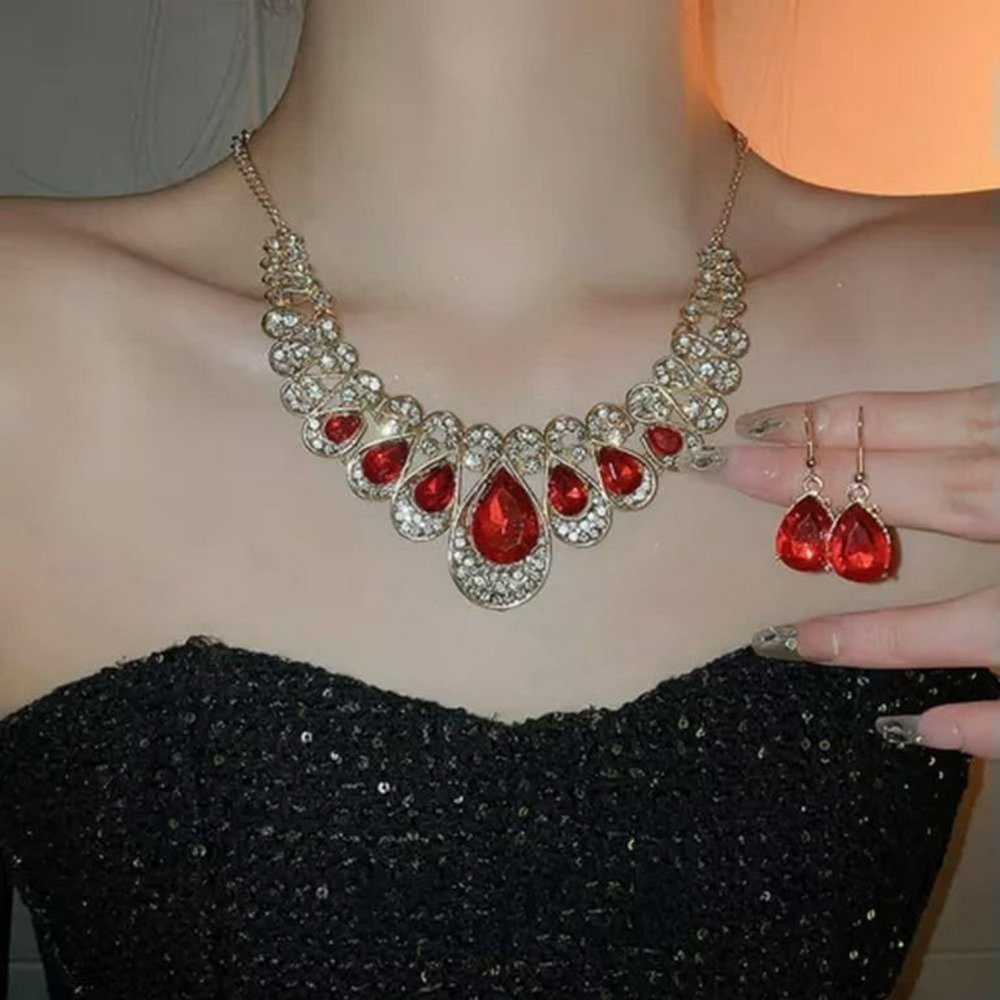 Red Faux Ruby Crystal Water Drop Bib Necklace and Earrings 2 Piece Set Gold Tone
